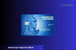 Amex Blue, eine blaue Kreditkarte mit klassischem Design und modernem Hintergrund in Blautönen.