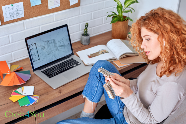 Frau arbeitet von zu Hause an einem kreativen Projekt als Nebenverdienst und nutzt Laptop und Farbmuster für ihr Design.