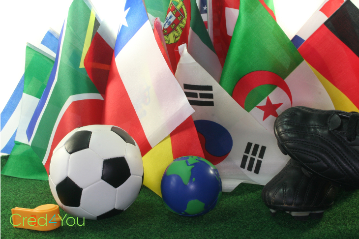 WM Aktionen mit Fußball, internationalen Flaggen und Symbolen für Fußball Gewinnspiele und exklusive Angebote.